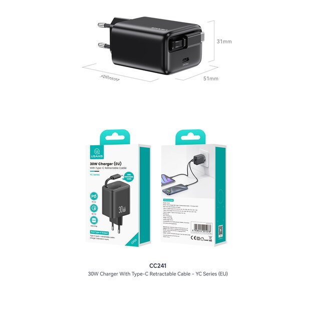 Usams CC241 30W PD QC su ištraukiamu laidu