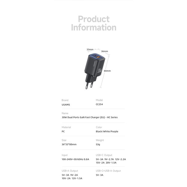 USAMS CC254 30W PD QC USB A+C 