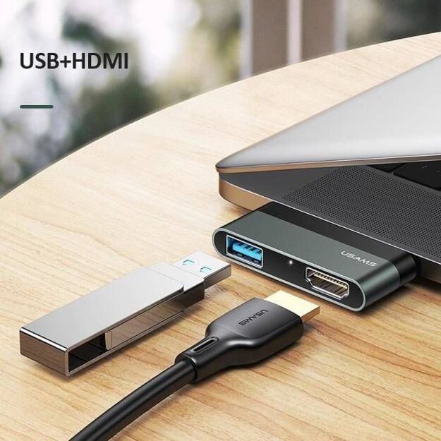 USAMS SJ462 USB-C šakotuvas į USB ir HDMI, Juodas