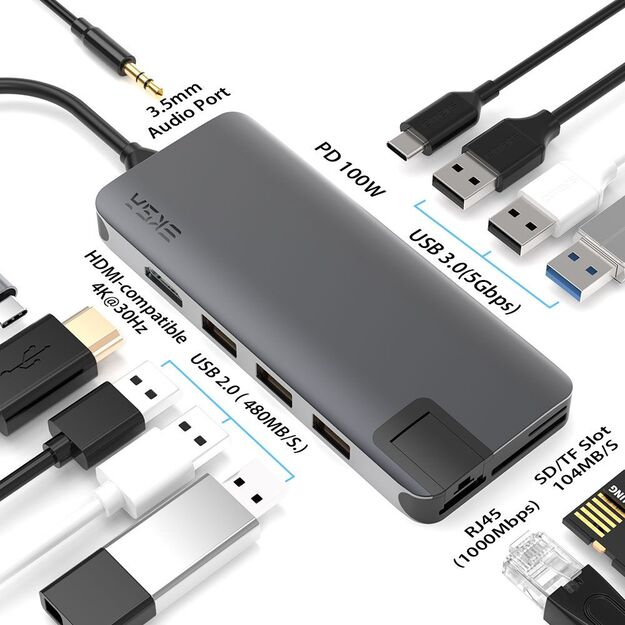 EKSA T20 12in1 Type-C to HDMI+USB3.0+USB2.0+SD+miniSD+PD100W+3,5mm+RJ45