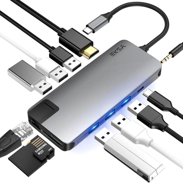 EKSA T20 12in1 Type-C to HDMI+USB3.0+USB2.0+SD+miniSD+PD100W+3,5mm+RJ45