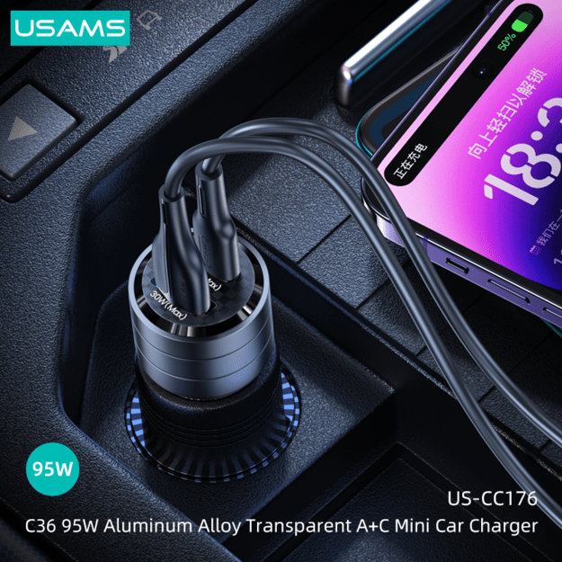 Usams C36 USB A+C 95W greitas automobilinis kroviklis