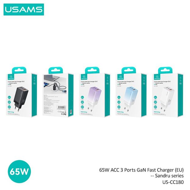 USAMS CC180 65W PD QC USB A+C+C 