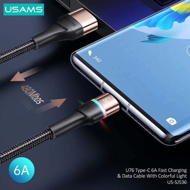 USAMS U76, 6A, USB to type-C, greito krovimo ir duomenų laidas, Juodas